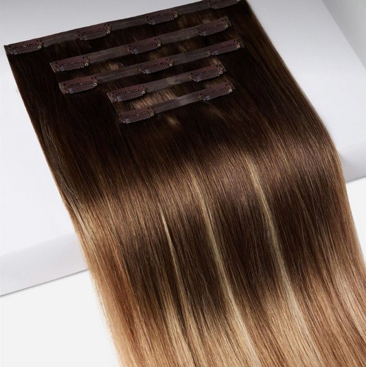 Seamless Clip in hair extension Dark brown with highlight